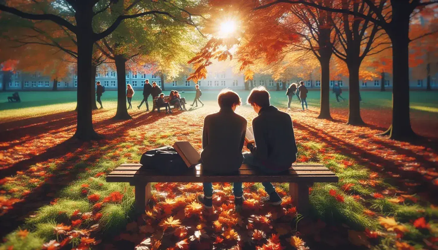 Due giovani studiano su una panchina in un parco autunnale, circondati da foglie cadute e bagnati da una luce solare filtrata dagli alberi.