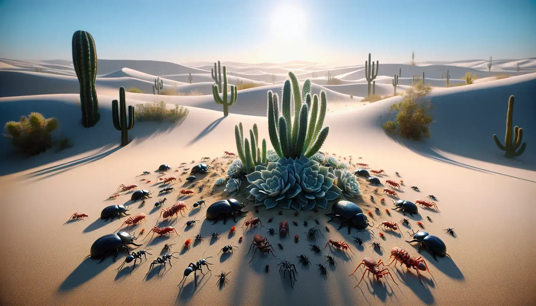 Desierto sereno con insectos como escarabajos negros y hormigas rojizas cerca de una planta solitaria y cactus en fondo de dunas suaves bajo cielo azul claro.