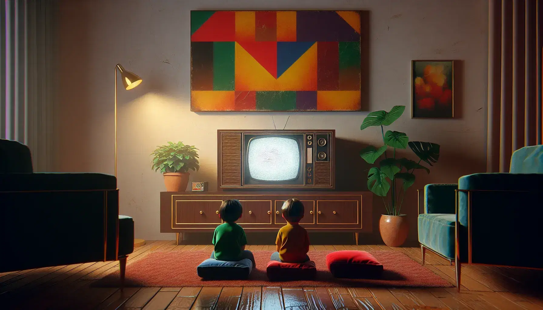 Soggiorno anni '80 con TV CRT su mobile in legno, cuscini velluto e bambini assorti, quadro astratto e pianta verde.