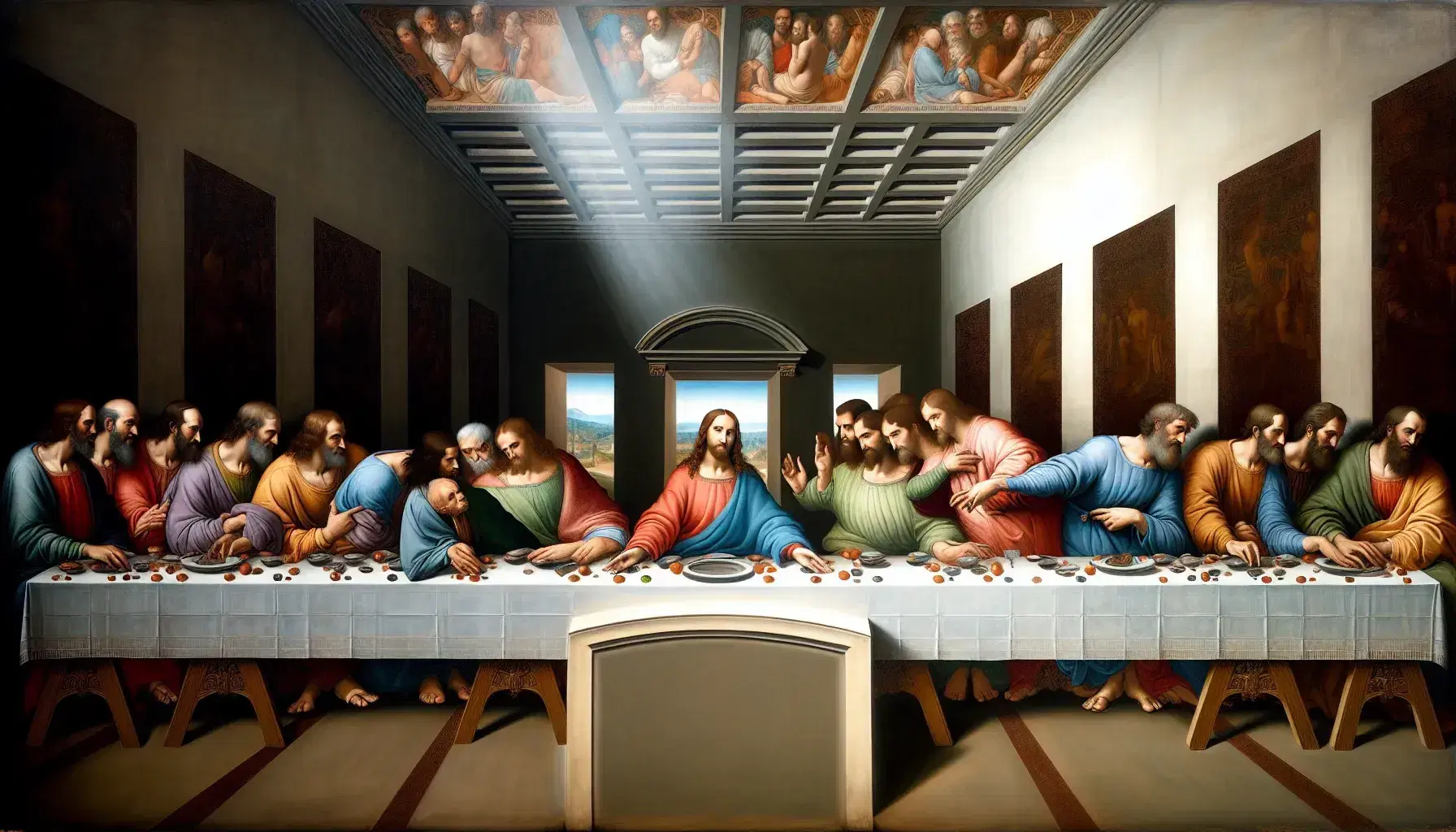 Riproduzione del Cenacolo di Leonardo da Vinci con Gesù al centro e apostoli seduti a tavola, in abiti colorati e sfondo con effetti di profondità.