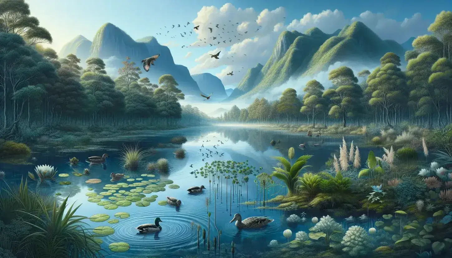 Paisaje natural con lago reflejando cielo azul y nubes, plantas acuáticas en primer plano, árboles frondosos y montañas con cimas irregulares al fondo, patos nadando y aves volando, iluminados por luz solar matutina.