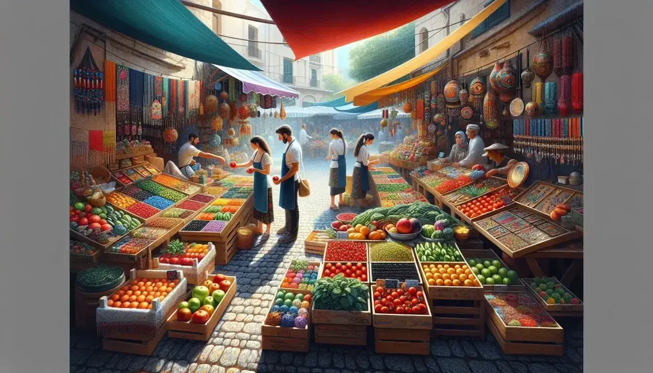 Mercado al aire libre con puestos coloridos vendiendo frutas, verduras y artesanías, con vendedor ofreciendo una manzana y clientes explorando.