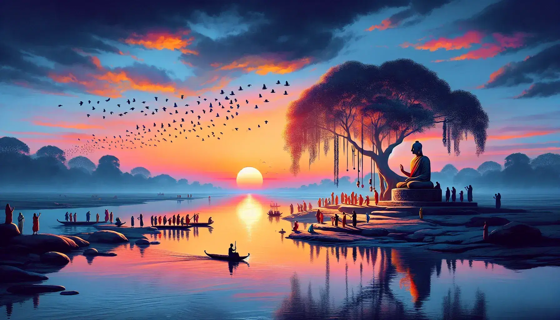 Tramonto sul fiume Gange con persone in rito di purificazione, albero Bodhi e statua di Buddha in meditazione, cielo colorato e uccelli migratori.