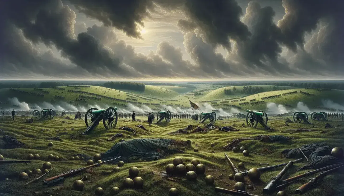 Panoramic view of the Waterloo battlefield with scattered cannonballs, broken standard, and cannons under a brooding sky, post-battle silence evident.
