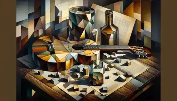 Pintura al óleo cubista con guitarra, botella y periódico abstracto en tonos marrones, ocres y grises sobre mesa de madera en fondo de planos superpuestos.