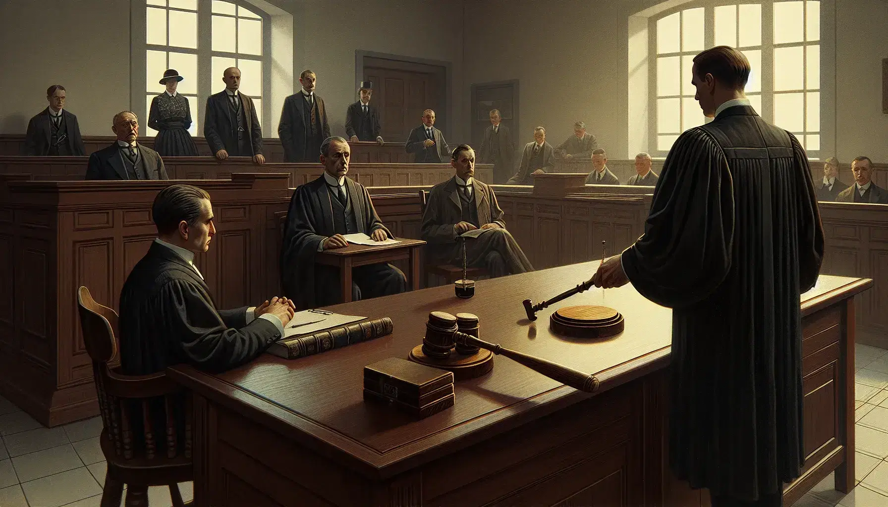 Escena de juicio en sala de tribunal con juez en toga, abogado y ciudadano de pie, público en bancos y mazo sobre mesa.