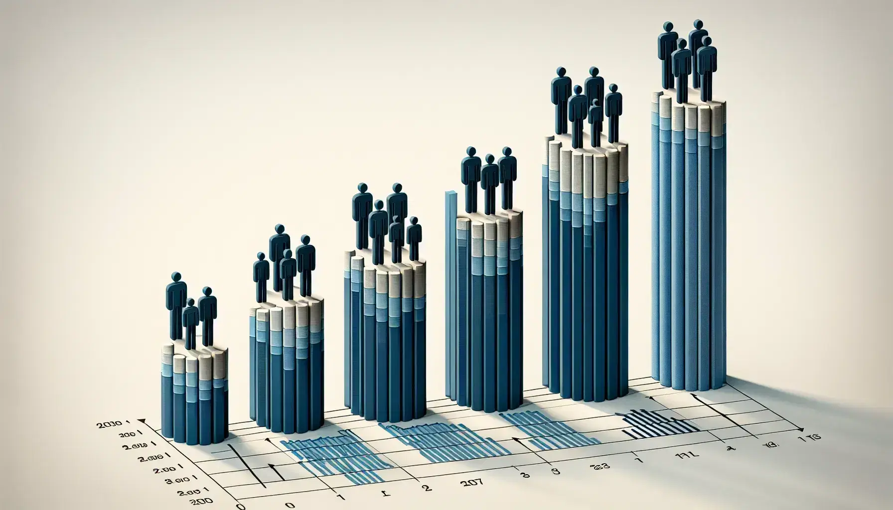 Bar graph series showing progressive increase over five years with color gradient from light to navy blue, topped by icon of three figures on highest bar.