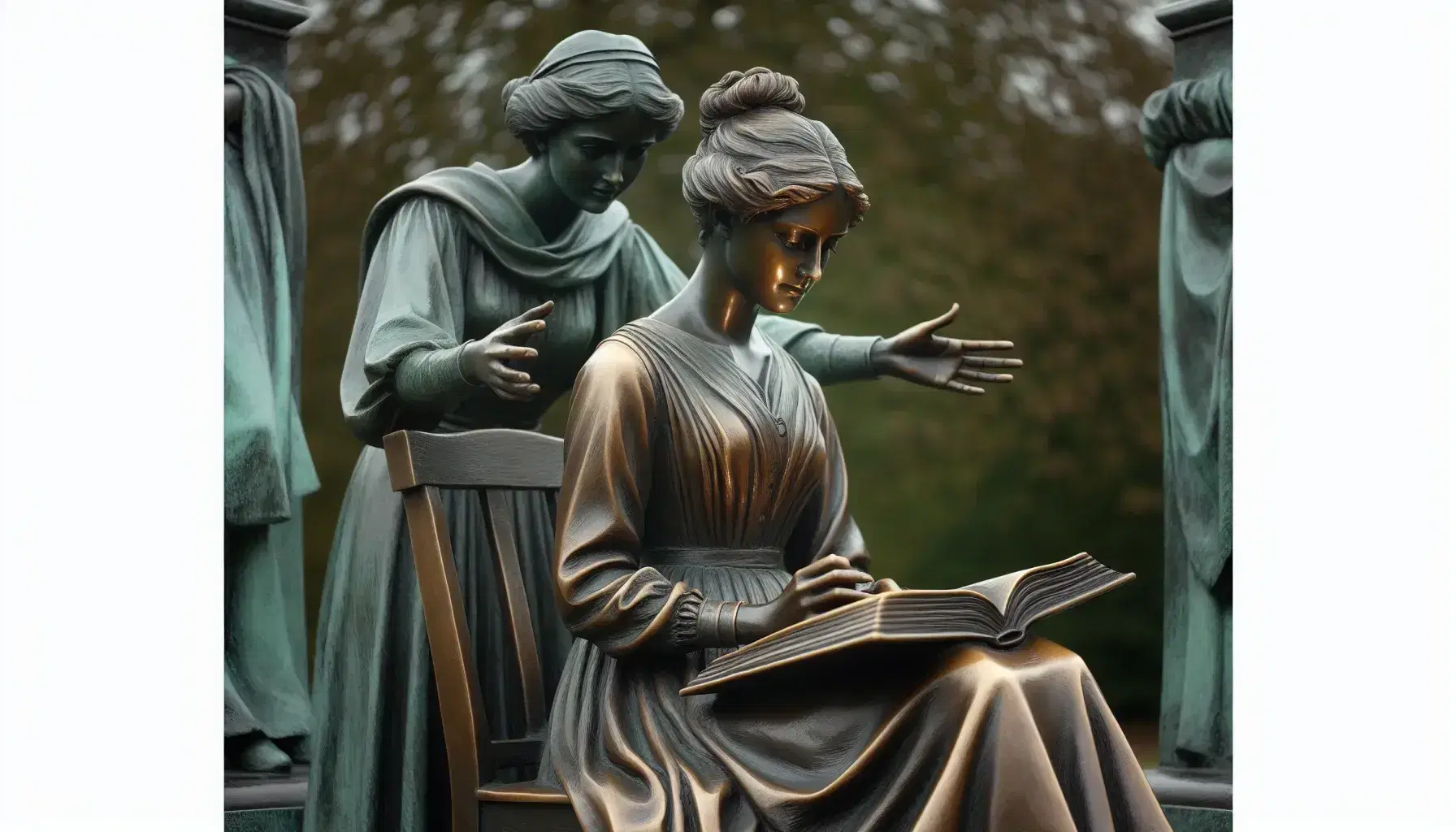 Estatua de bronce de una joven sentada leyendo un libro con otra figura femenina de pie en actitud de enseñanza, sobre un pedestal de piedra en un entorno natural.