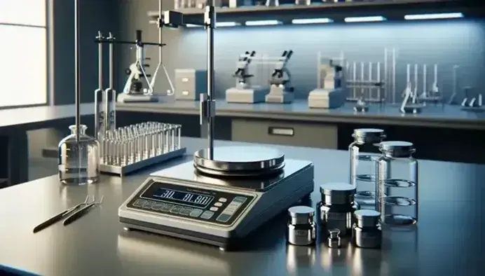 Laboratorio scientifico moderno con bilancia analitica di precisione, pesi calibrati e contenitori di vetro su scaffali, in ambiente professionale.