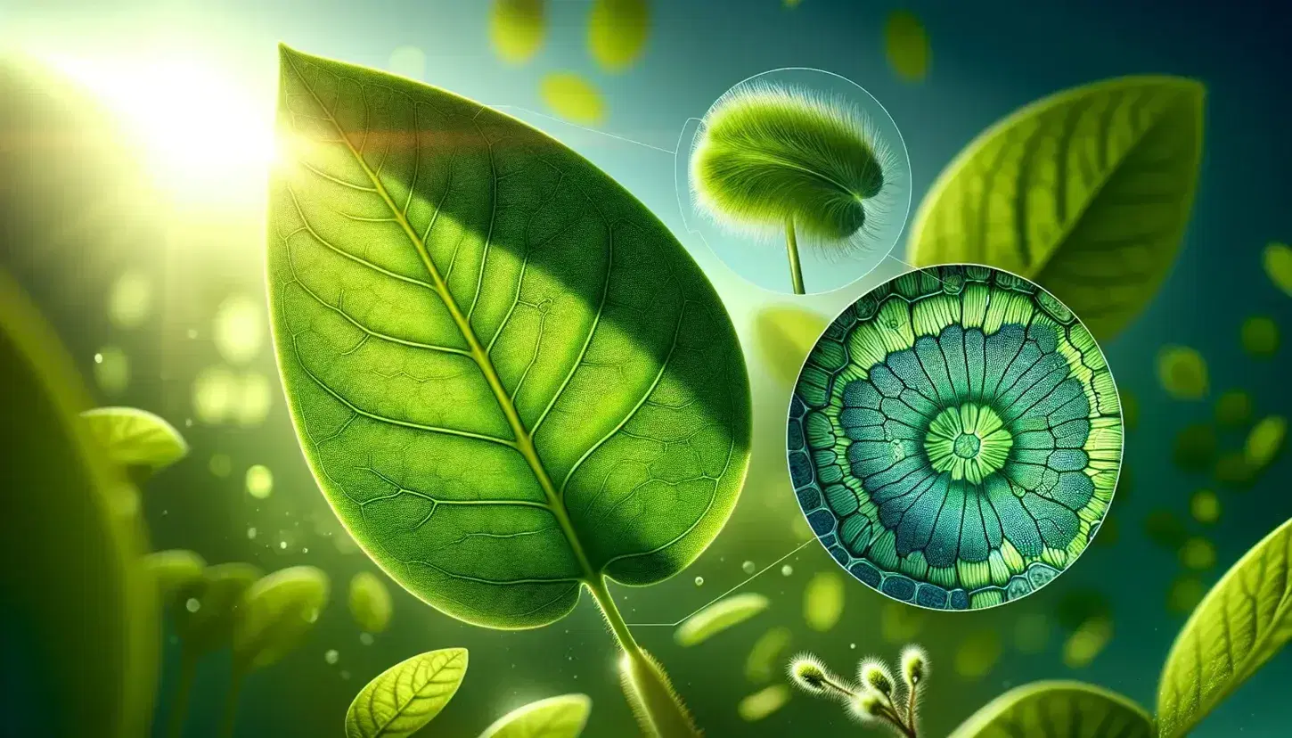Foglia verde brillante traslucida con rete di venature al sole, sfondo sfocato con foglie e cielo azzurro, primo piano di cloroplasto verde scuro.
