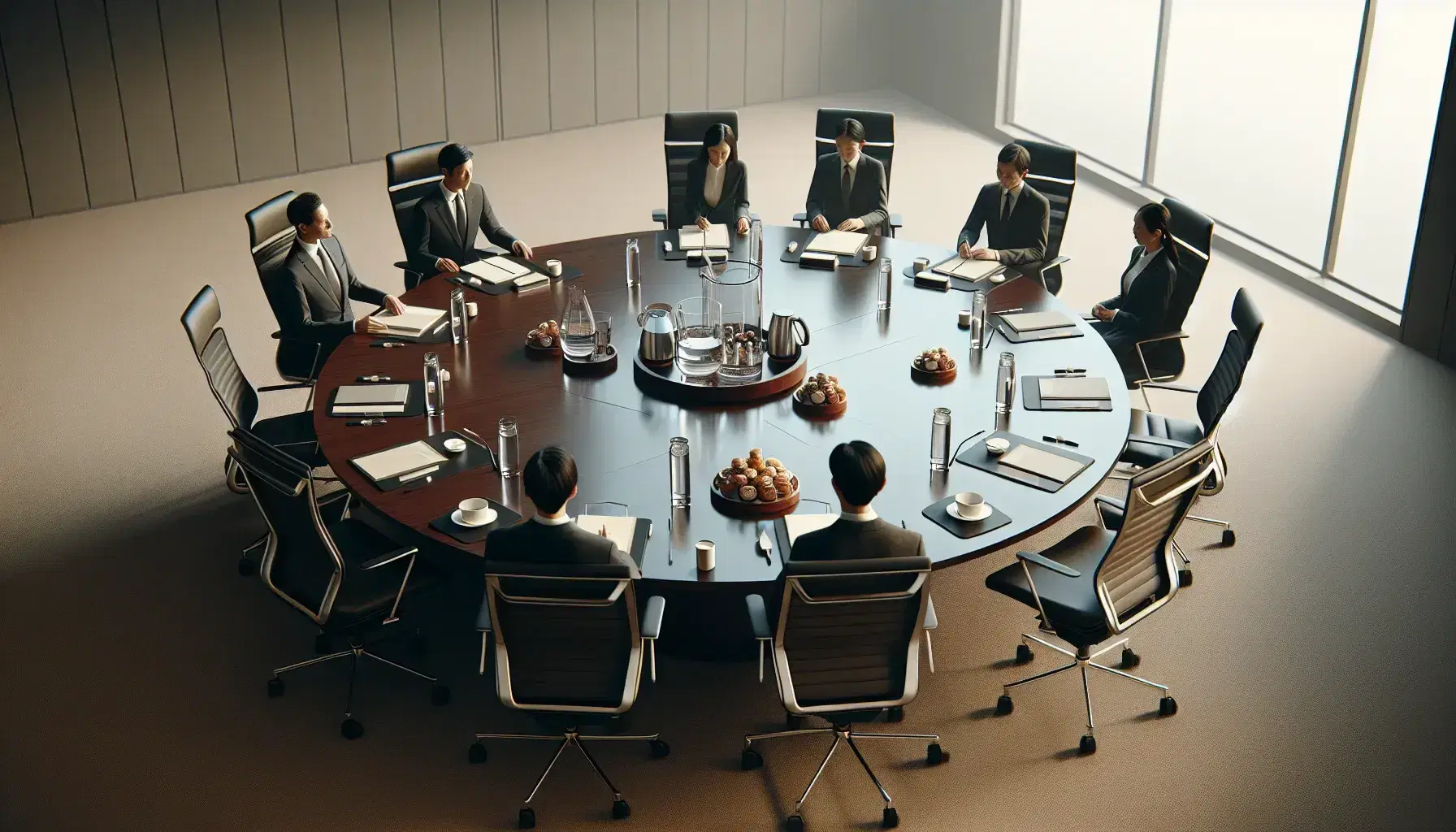 Round conference table with six professionals in a meeting, featuring ergonomic chairs, a water pitcher, glass tumblers, pastries, and notepads.