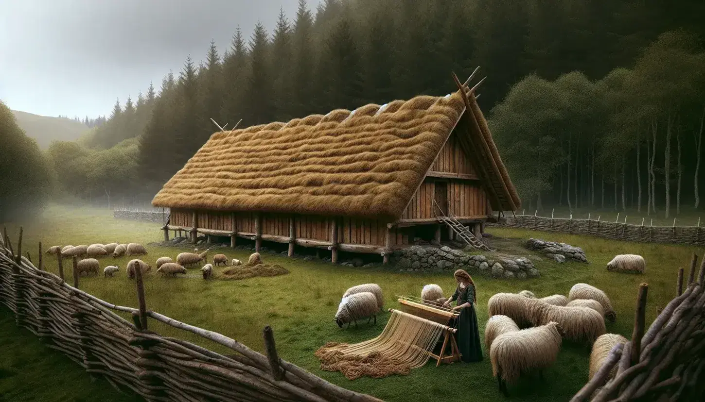 Reconstructed Viking longhouse with thatched roof and wooden walls, a woman weaving on a loom, sheep grazing, and a man sharpening a tool near a forest.