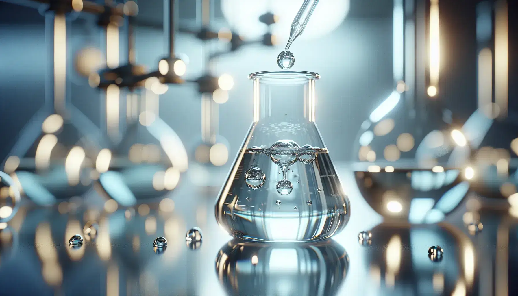 Glass flask on reflective laboratory bench with amber liquid and bubbles, dropper ready to pour a drop, light blue and white blurred background.