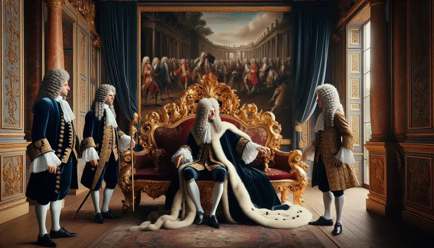Re d'epoca barocca sul trono dorato nel salone di Versailles, con consiglieri, arazzi, candelabro e oggetti regali.