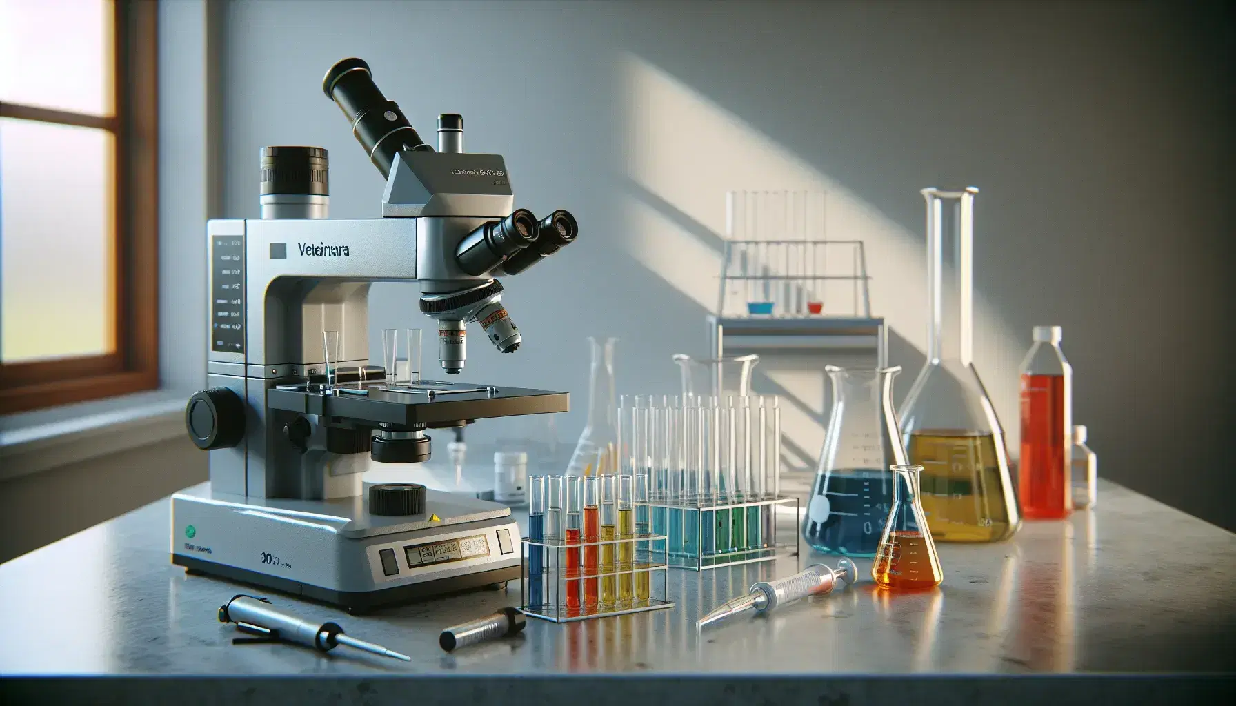Laboratorio de investigación veterinaria con microscopio electrónico y tubos de ensayo con líquidos de colores en soporte blanco, pipeta automática y matraz de Erlenmeyer.