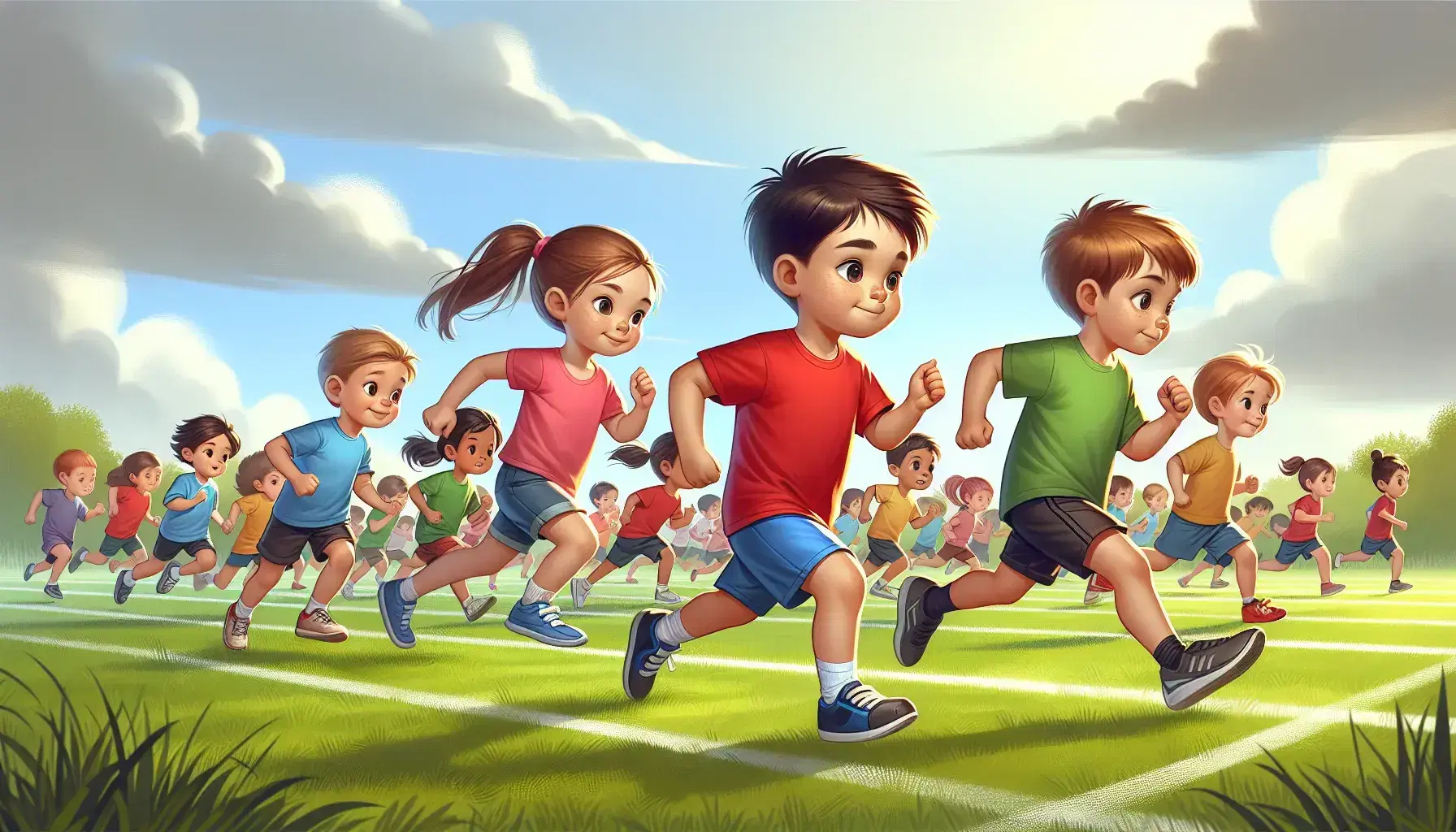 Niños compitiendo en carrera en campo de césped verde, con niño de camiseta roja y niña de amarillo en primer plano, bajo cielo azul con nubes dispersas.