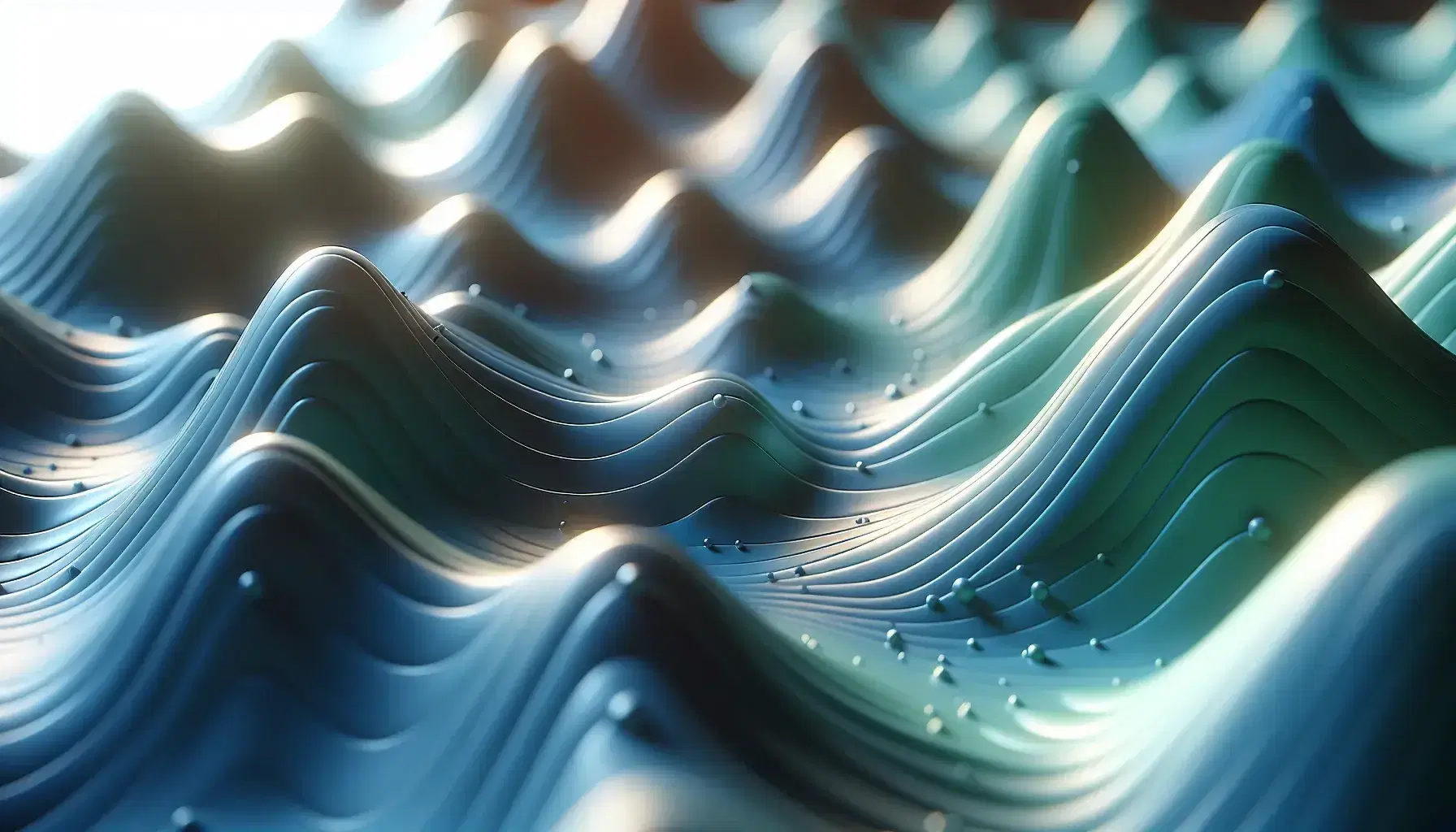 Smooth 3D surface with undulating hills and valleys in shades of blue and green, reflecting light with a glossy finish and soft bokeh background.