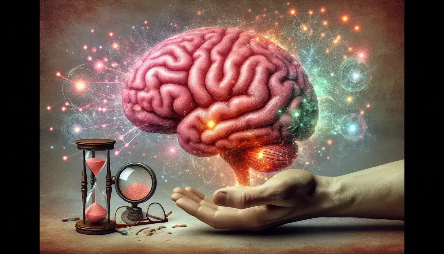 Cerebro humano con chispas de colores simbolizando actividad neuronal, mano sosteniéndolo, lupa, gafas y reloj de arena en fondo neutro.