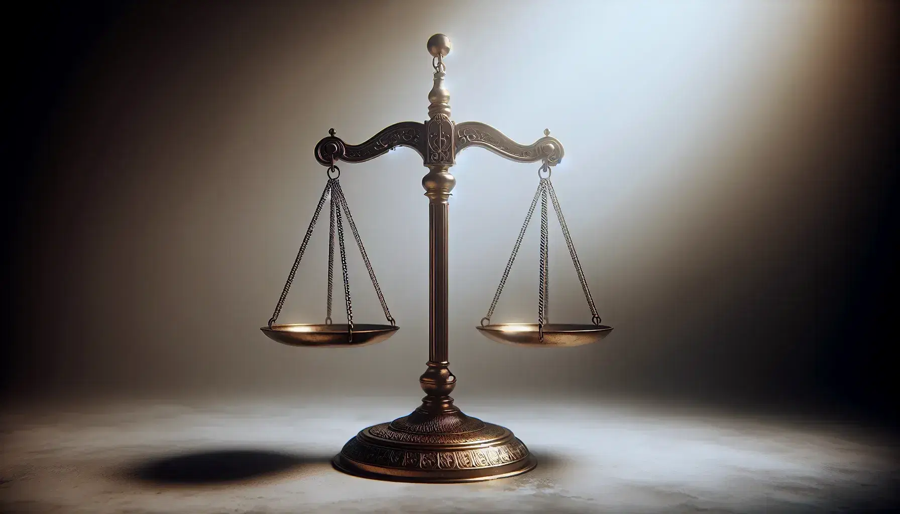 Balanza de justicia de dos platos en equilibrio, hecha de metal brillante con base decorada, sobre fondo neutro y difuminado.