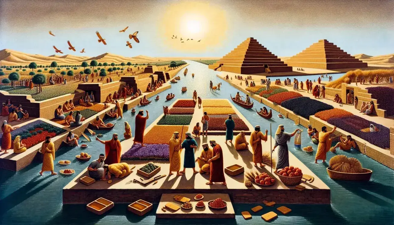 Scena di mercato mesopotamico antico con fiume, ziggurat, agricoltori, commercianti e tavolette cuneiformi al tramonto.