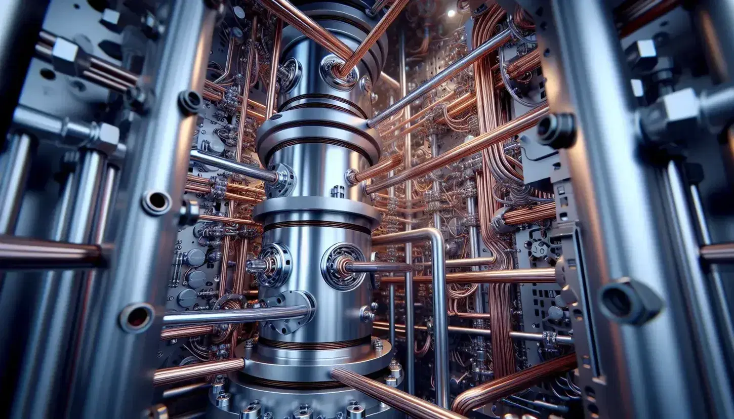 Interior of a dilution refrigerator with metal cylindrical chambers and complex network of copper pipes, cold blue background.