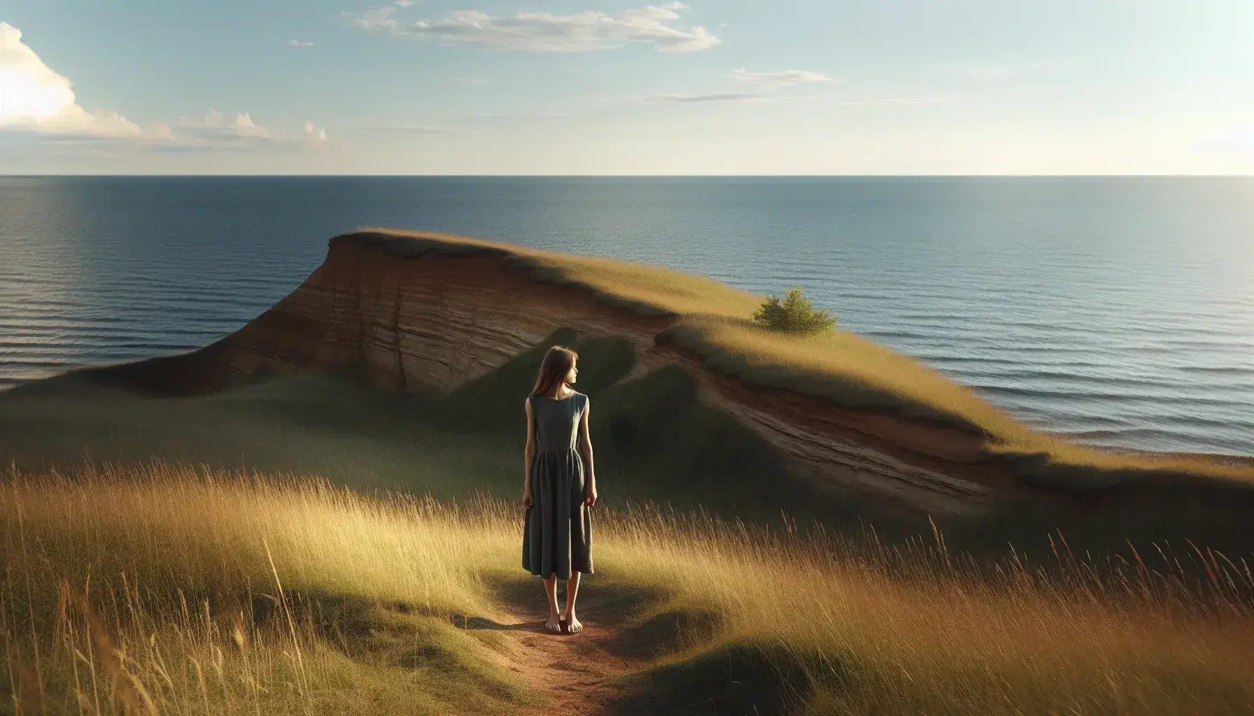 Solitary woman in gray dress stands on a grassy cliff, gazing at the blue sea under a pale blue sky with wispy clouds, bathed in golden sunlight.