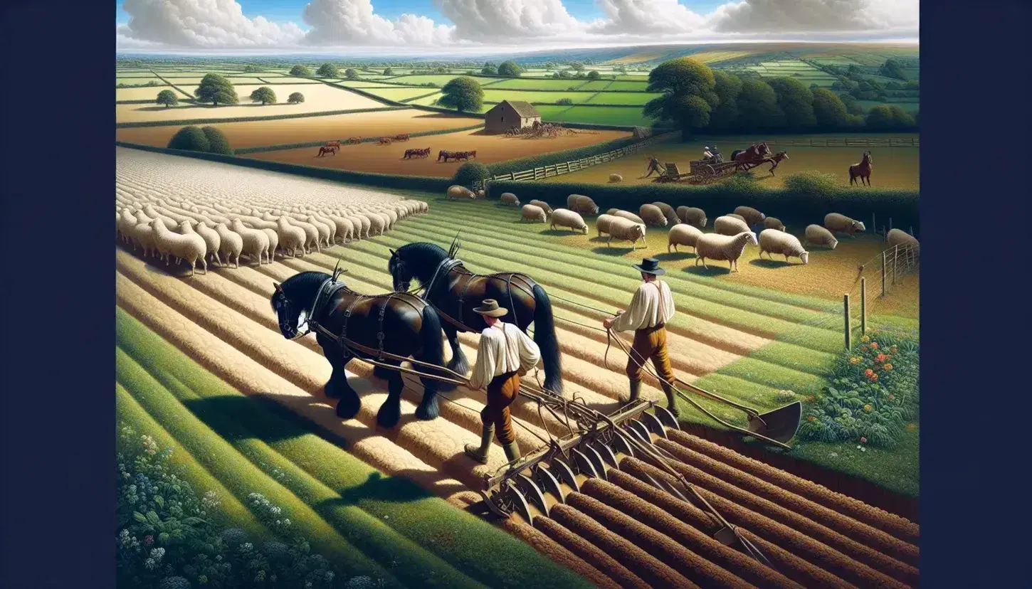 Contadino in abiti d'epoca guida aratro trainato da cavalli su terreno fertile, con pecore al pascolo e attrezzi agricoli in primo piano.