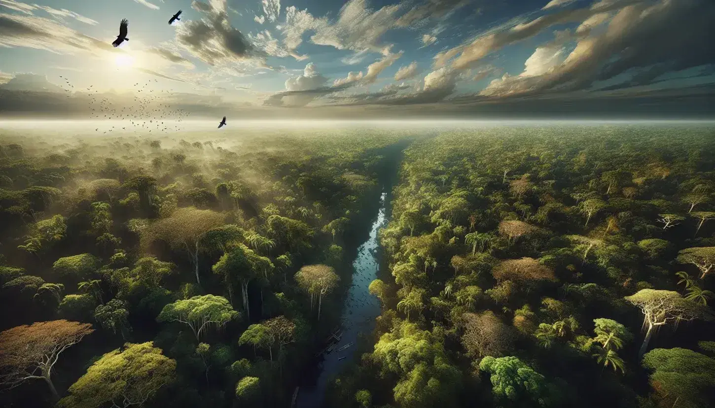 Vista panorámica de un bosque frondoso con diversidad de tonos verdes, río serpenteante, cielo azul con nubes y siluetas de aves en vuelo.