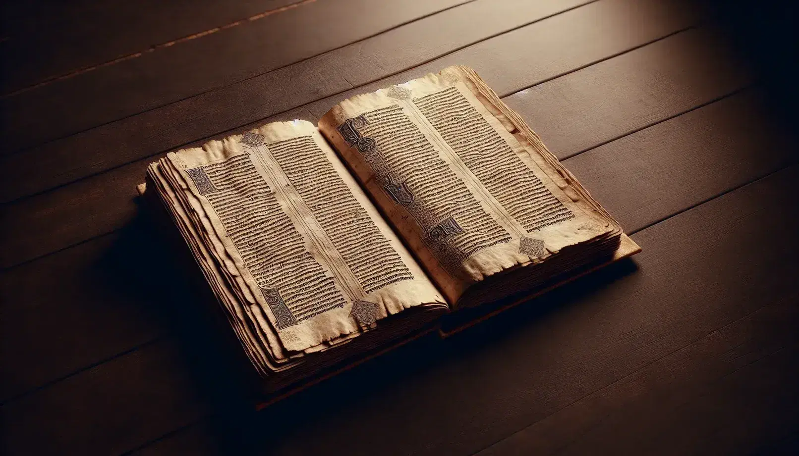 Manoscritto antico aperto su superficie in legno scuro, pagine avorio con testo in latino medievale, atmosfera di conoscenza antica.
