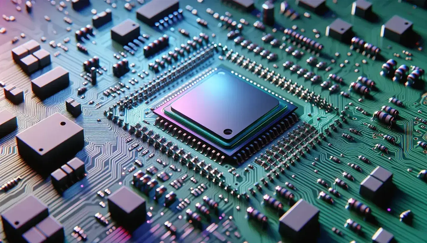 Close-up of a silicon microprocessor on green PCB motherboard with electronic components such as resistors and capacitors.