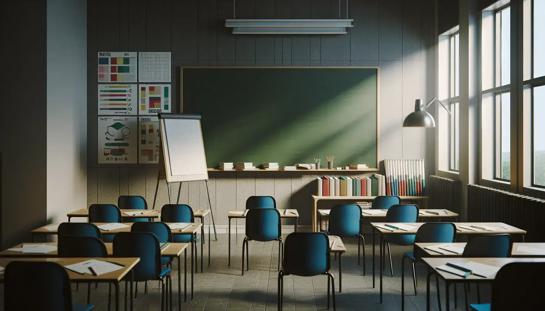 Aula vacía con pizarra verde, sillas azules de estudiante en filas, mesa con papeles y libros de colores, y rotafolio sin usar.