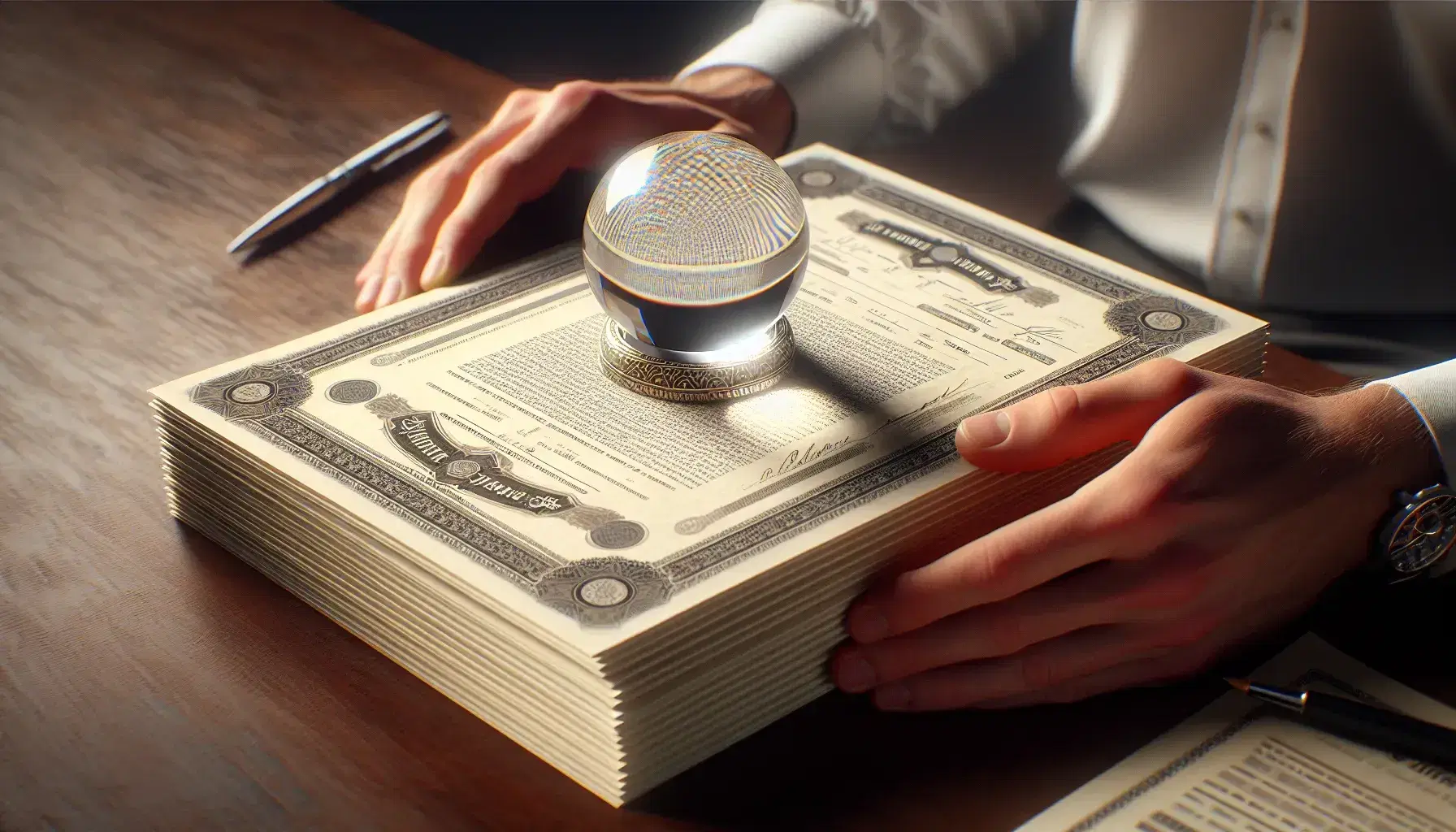 Stack of embossed bond certificates secured by a crystal paperweight on a wooden desk, with hands exchanging a pen in the background.