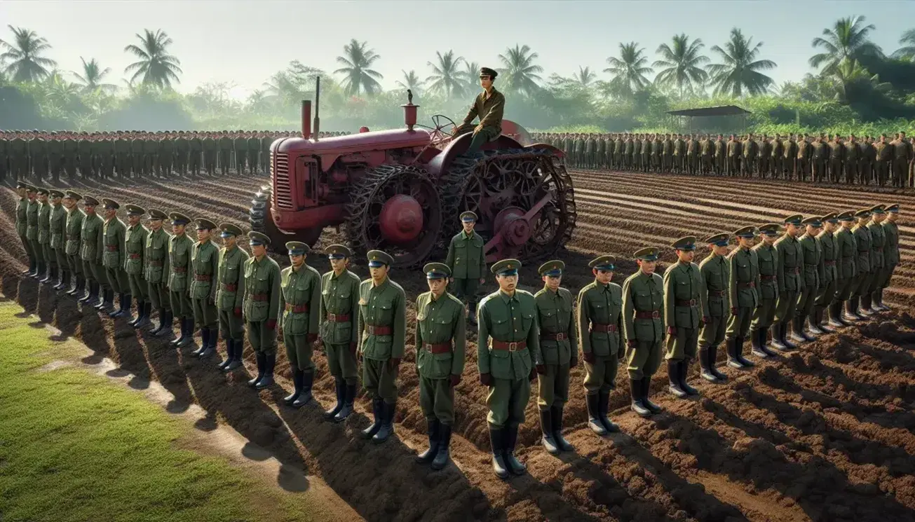 Grupo de militares en uniforme verde formados al aire libre con líder adelante, tractor rojo antiguo en primer plano y vegetación tropical de fondo.