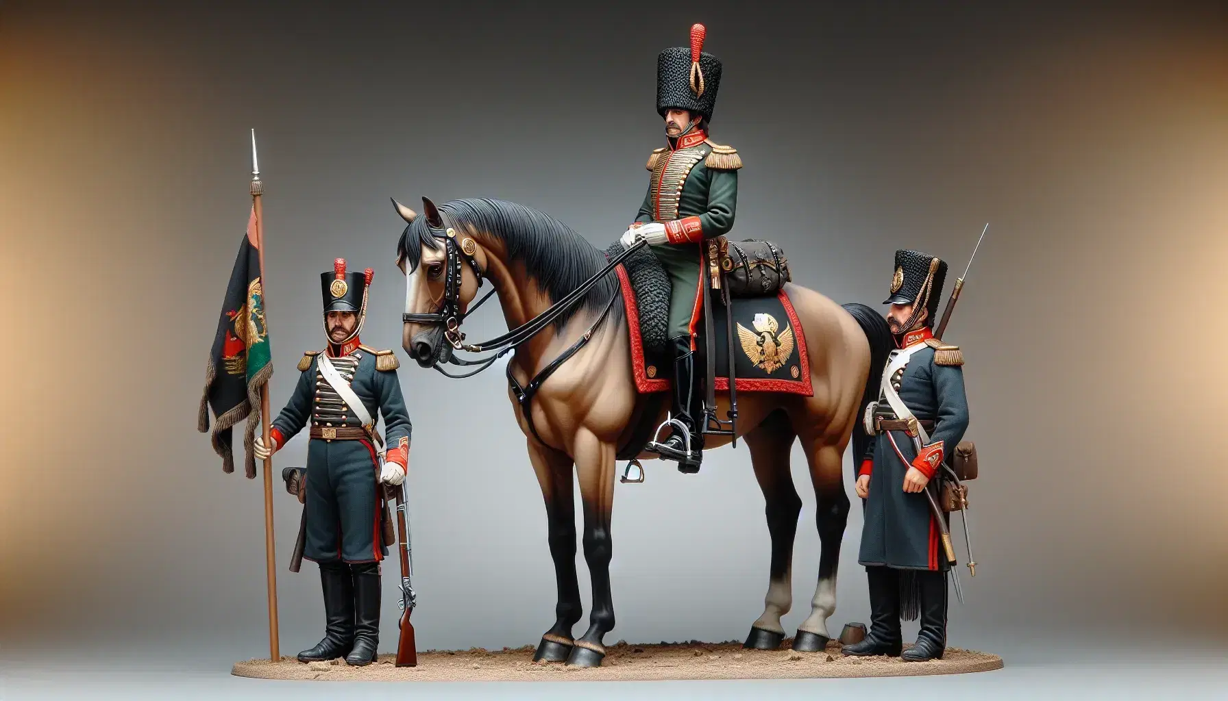 Grupo de tres figuras en uniformes militares del siglo XIX, con un jinete central a caballo y acompañantes con bandera tricolor y fusil, en paisaje campestre.