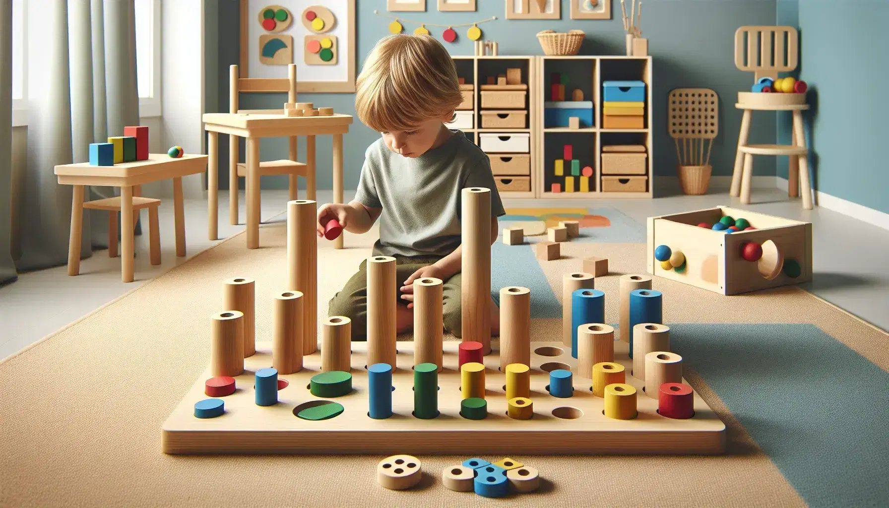 Bambino in classe Montessori concentra su cilindri di legno da inserire in base forata, con materiali didattici e piante intorno.
