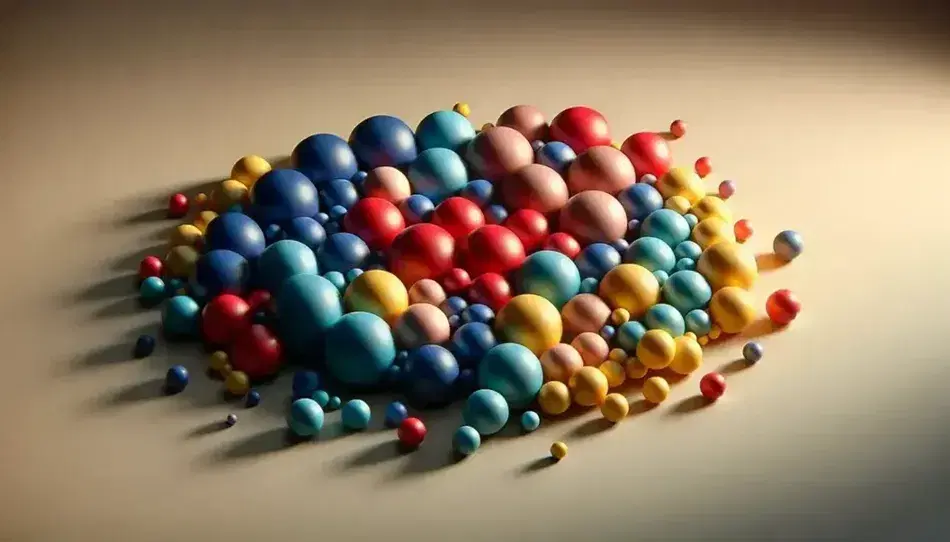 Colección de esferas coloridas en rojo, azul, amarillo, verde, naranja y morado, organizadas en grupos sobre superficie lisa.