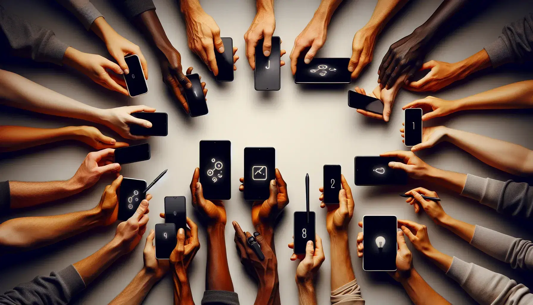 Manos de diversas tonalidades sujetando dispositivos electrónicos modernos como tabletas y smartphones, convergiendo en un punto central sin texto ni símbolos visibles.