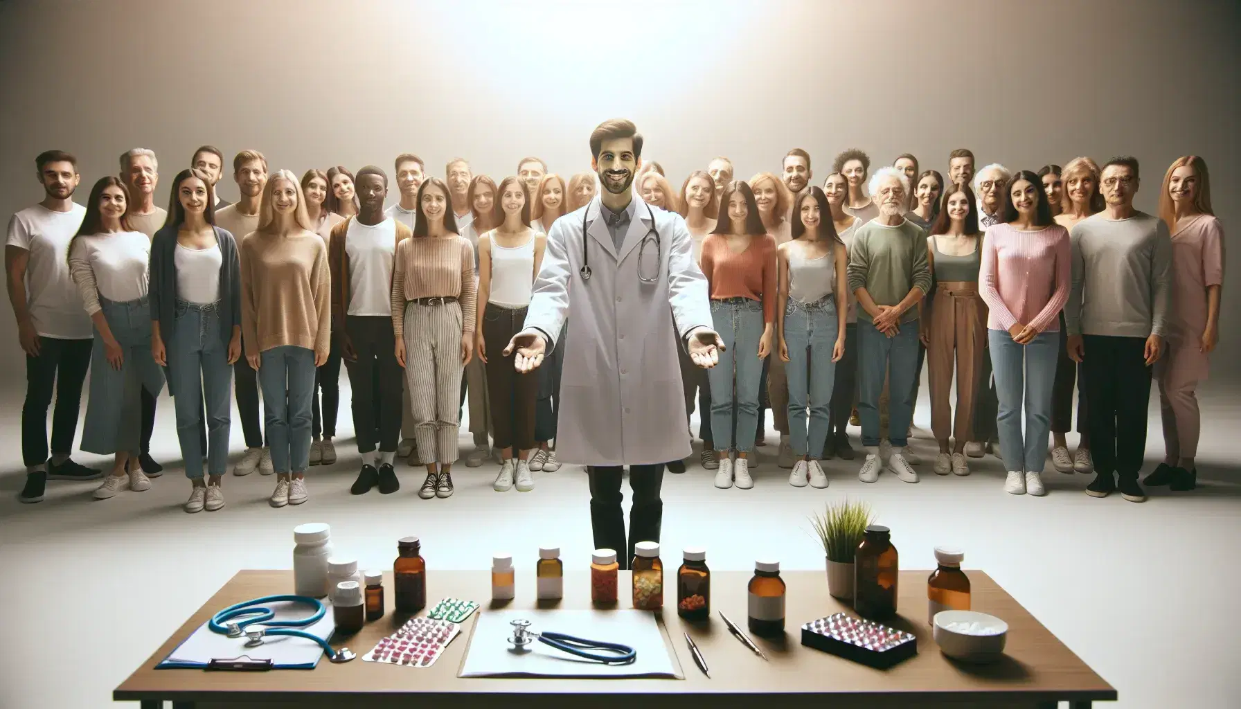 Grupo diverso de personas recibiendo atención de profesional de la salud en ambiente acogedor, con mesa de medicamentos y toques de naturaleza.