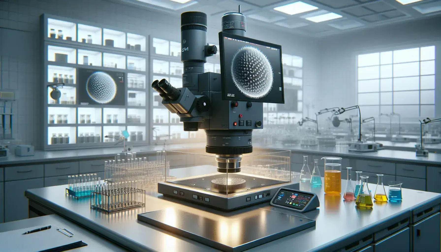 Microscopio elettronico a trasmissione grigio scuro in laboratorio con campione biologico, flaconi colorati sullo sfondo e monitor con immagine di virus.