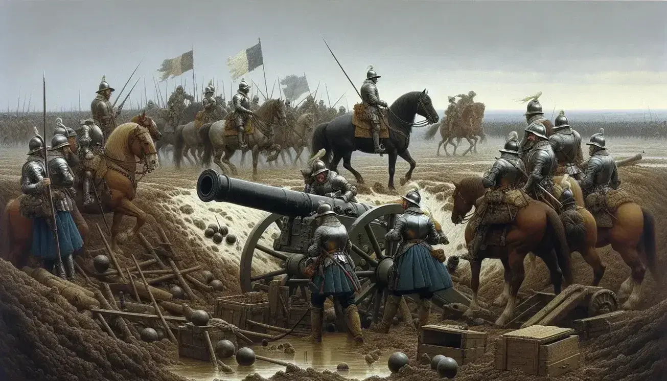 Soldati in armatura e cavalieri attraversano terreno fangoso con cannone e artiglieri in azione durante la Guerra dei Trent'anni.