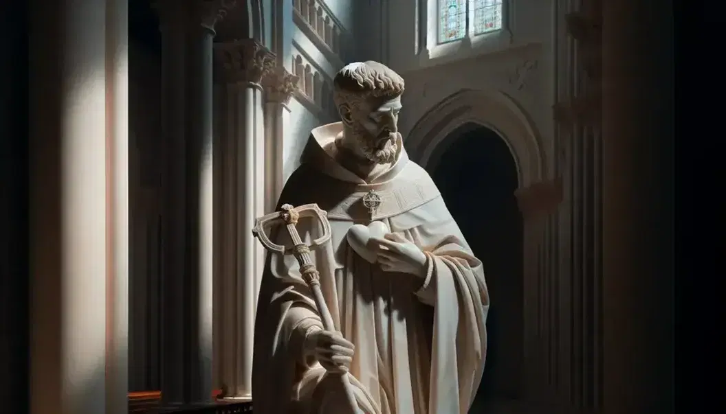 Statua marmorea di Sant'Agostino pensieroso con abiti vescovili, bastone pastorale e cuore, su sfondo di chiesa romanica.