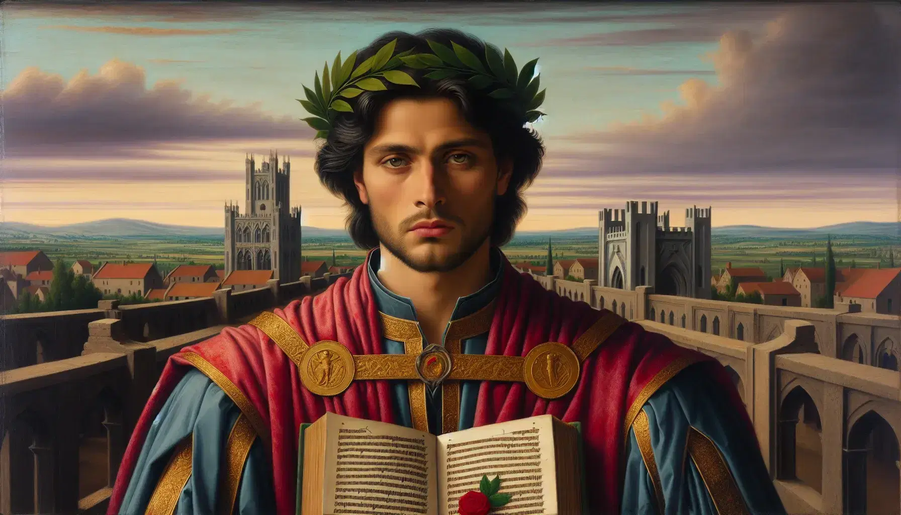 Ritratto di figura maschile in abiti medievali rossi e blu con corona d'alloro, libro in mano, sfondo di paesaggio urbano medievale.