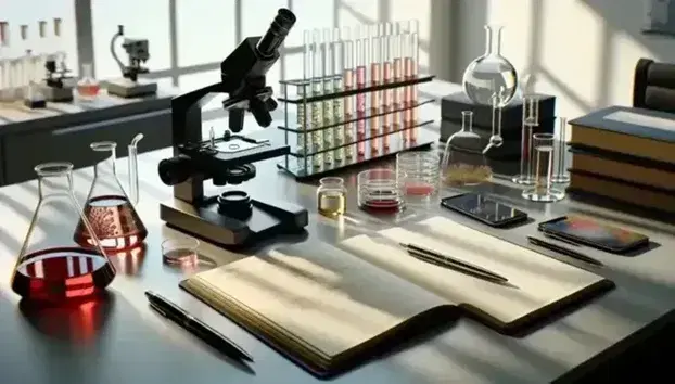 Organized scientific research desk with digital microscope, colorful petri dishes, blank notebook with pen, beakers in size order, and data charts on computer monitor.
