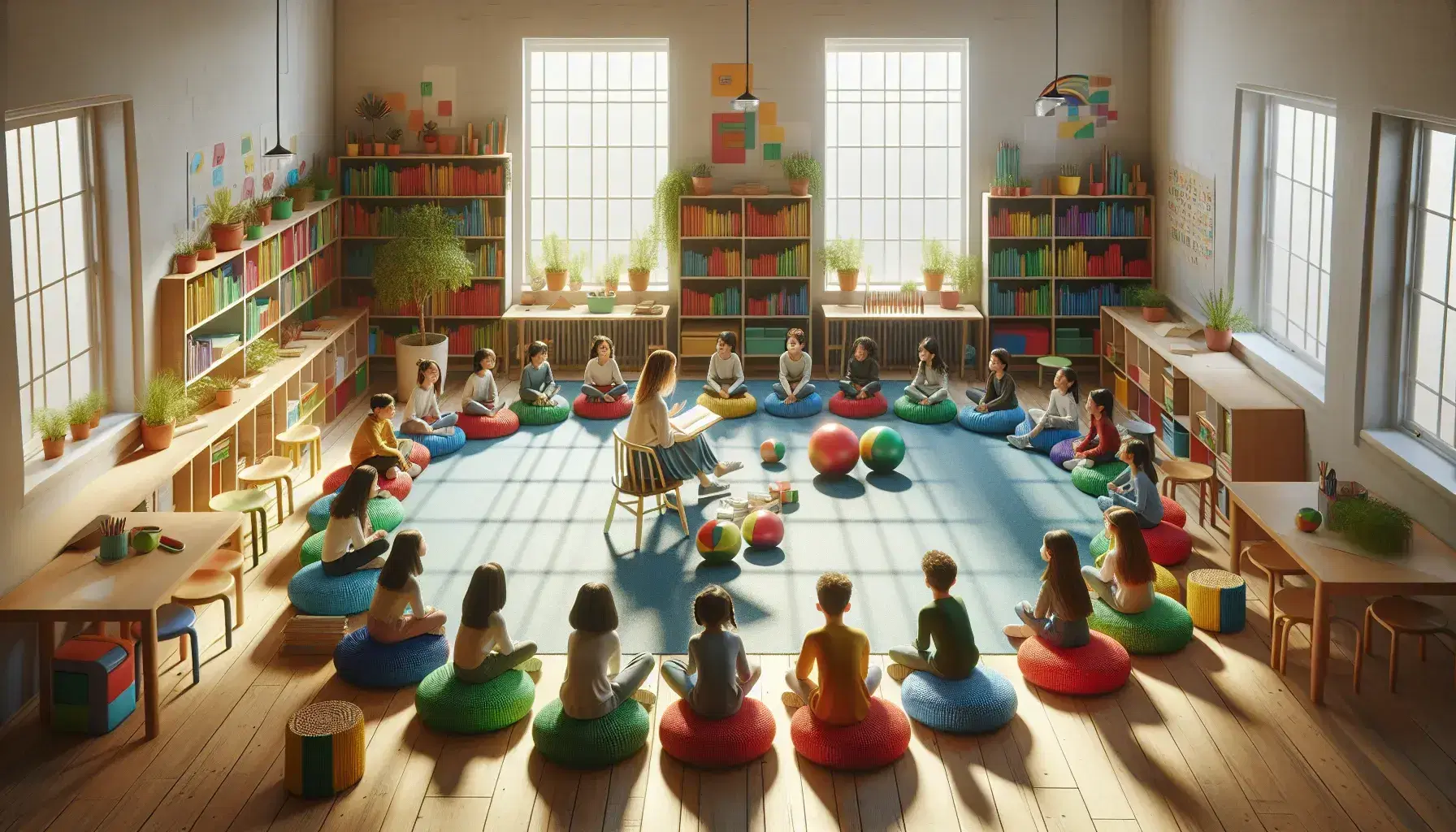 Aula luminosa con estudiantes sentados en cojines de colores escuchando a una maestra que lee un libro, rodeados de estantes con objetos y plantas, y una mesa con papeles y lápices de colores.
