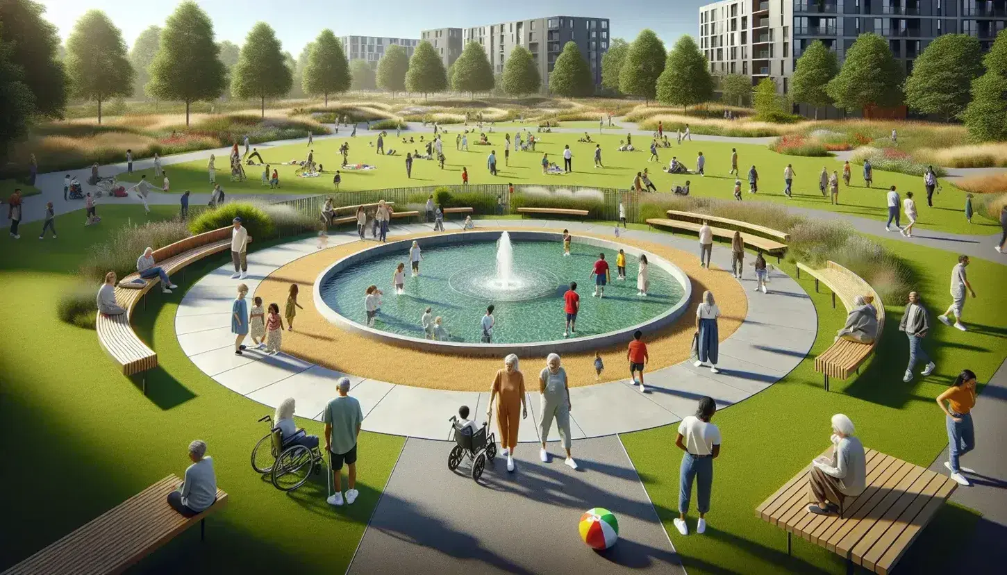 Parque urbano con fuente de agua, bancos de madera y personas diversas disfrutando del espacio, incluyendo niños jugando, una persona mayor caminando y una mujer en silla de ruedas.