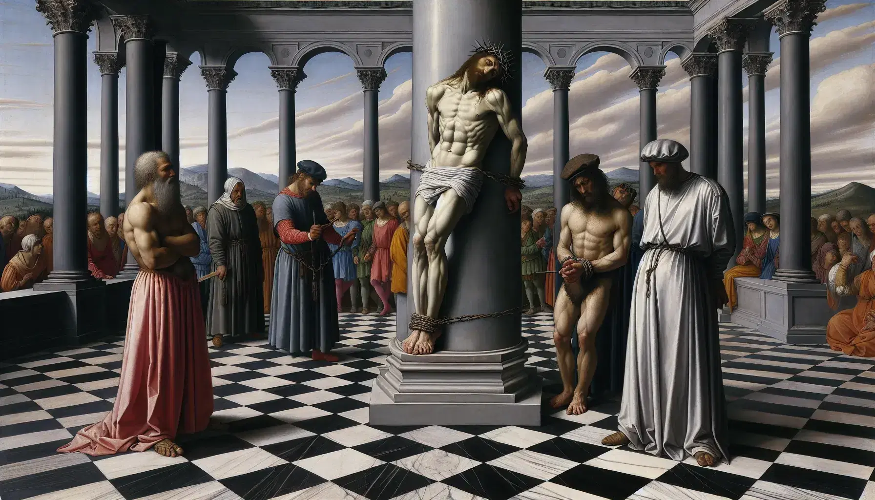 Flagellazione di Cristo di Piero della Francesca, con Cristo legato a una colonna e due aguzzini, e tre uomini in dialogo su sfondo urbano rinascimentale.