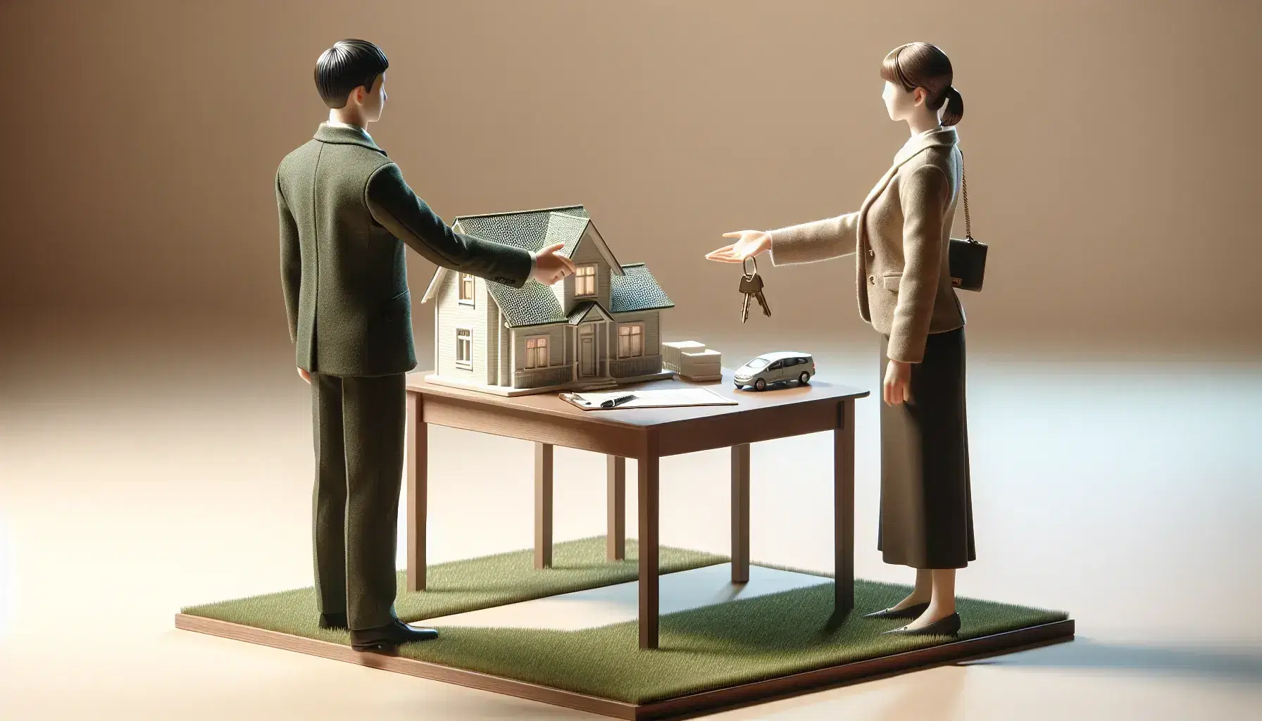 Dos profesionales realizando un apretón de manos frente a una maqueta de casa con llaves sobre una mesa, simbolizando un acuerdo inmobiliario.