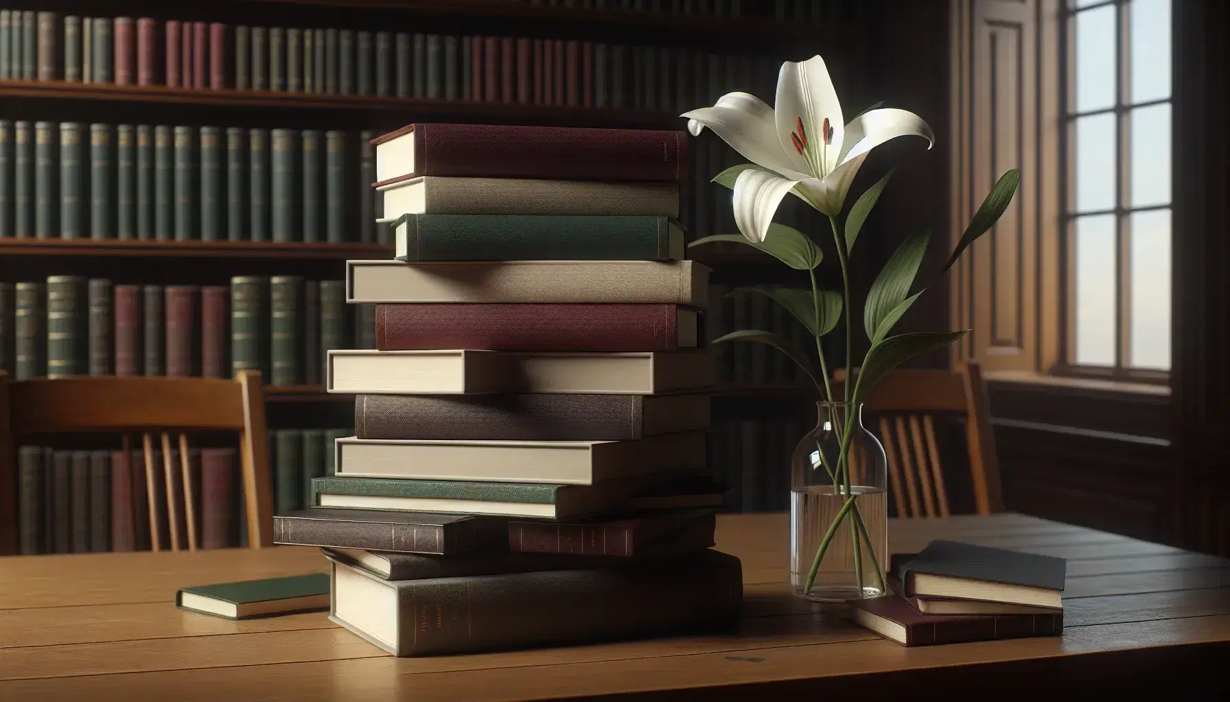 Stack of hardcover books in muted colors on a wooden table with a white lily in a glass vase, against a blurred library backdrop.
