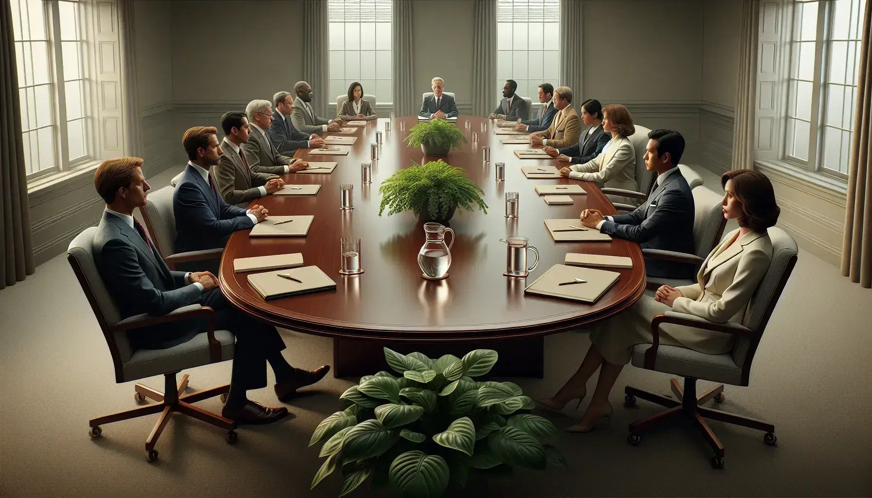 Professional environment with diverse people sitting around an oval conference table, with water and plants on the table, natural lighting.