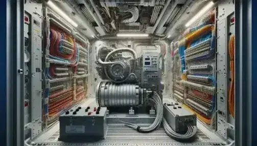 Generador eléctrico metálico con cables de colores y batería de aviación en compartimento interno de aeronave, rodeado de relés y disyuntores.